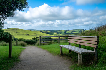Serene Countryside Bench View: A Peaceful Panorama