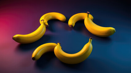Ripe yellow bananas on a deep blue surface creating a visually striking and artistic display, display, visual, bold, artistic, tropical