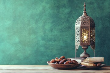 Ramadan dates, lantern, and Quran on wooden table against green background.