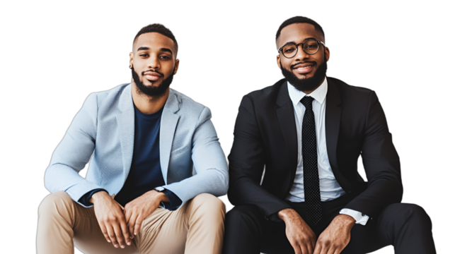 two men in business suits and ties pose on a transparent background, PNG image, PNG file, Generative art.