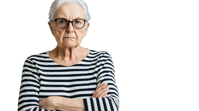 portrait of an old woman with glasses and a surprised look on her face standing with her arms crossed on a transparent background, PNG image, PNG file, Generative art.