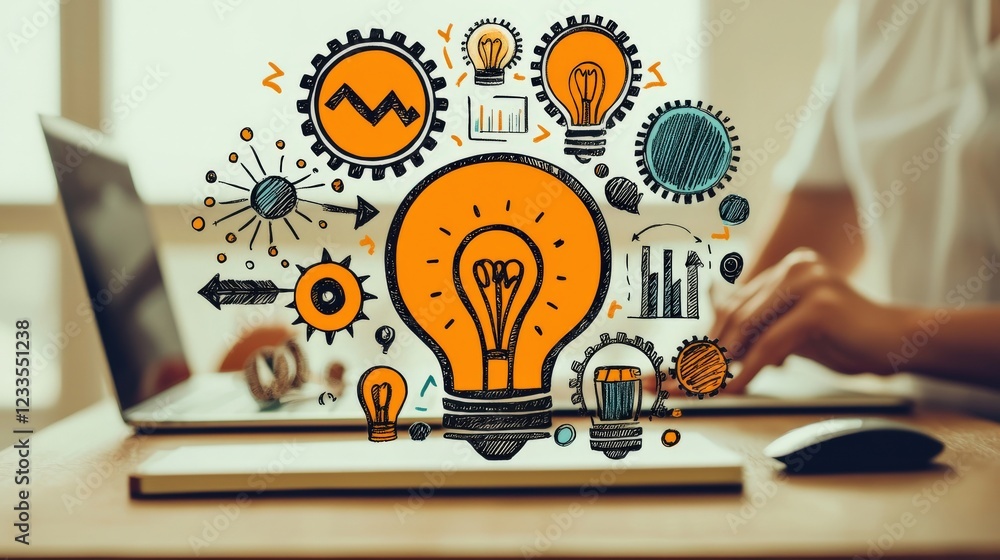 Aufkleber creative brainstorming concept with light bulb and business icons integrated into a workspace settin