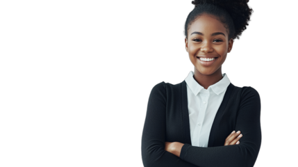 a young woman with a white smile poses for a portrait with her arms crossed and looking at the camera PNG image, PNG file, Generative art.