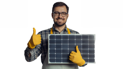 a young man holding a solar panel and showing thumbs up sign PNG image, PNG file, Generative art.