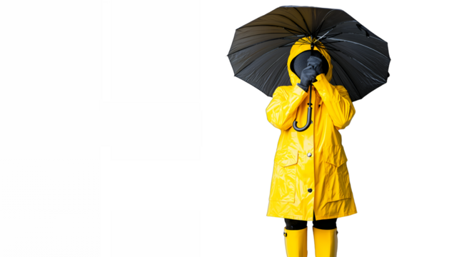 a statue of a man wearing a yellow raincoat holding a black umbrella PNG image, PNG file, Generative art. - Powered by Adobe