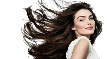 Fototapeta premium beautiful young woman with long hair blowing in the wind, portrait on transparent background, photo PNG image, PNG file, Generative art.