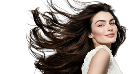 beautiful young woman with long hair blowing in the wind, portrait on transparent background, photo PNG image, PNG file, Generative art.