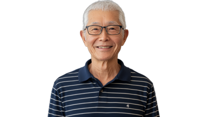 a portrait of an older man wearing glasses and a striped shirt, smiling at the camera against a transparent background, PNG image, PNG file, Generative art.