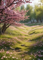 Pink cherry blossoms fall from the branches of blooming trees amidst a carpet of soft grass and wildflowers, flowers, falling leaves