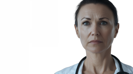 a female doctor wearing a white shirt and tie with a stethoscope around her neck looks at the camera PNG image, PNG file, Generative art.
