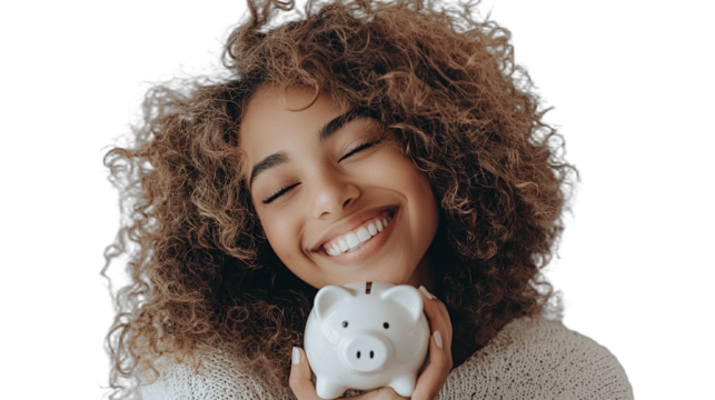 a young woman holding a piggy bank with her eyes closed PNG image, PNG file, Generative art.