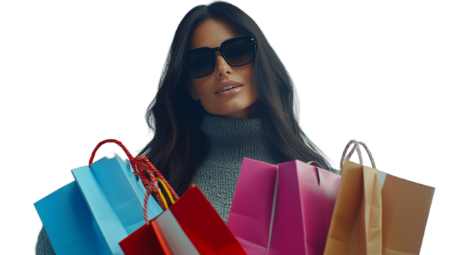 stylish woman wearing sunglasses holding colorful bags in her hands PNG image, PNG file, Generative art. - Powered by Adobe