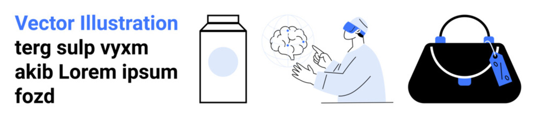 VR user interacting with floating brain model, milk container, and modern handbag. Ideal for innovation, technology, retail, fashion, creativity, health trends flat landing page banner