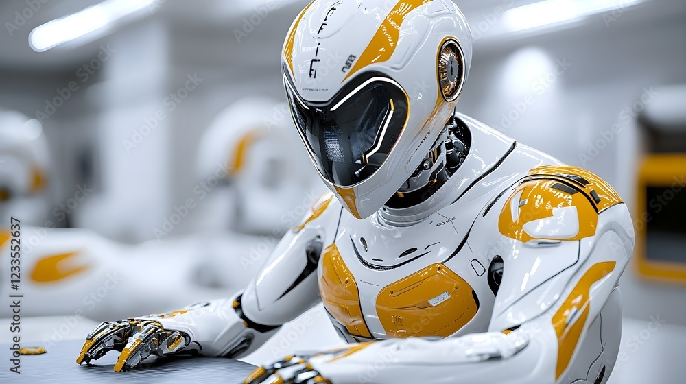 Poster futuristic robot sitting in a high-tech laboratory environment
