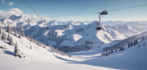 Panoramic view of an Alpine ski resort with a chairlift, mountains, ski resort, cableway