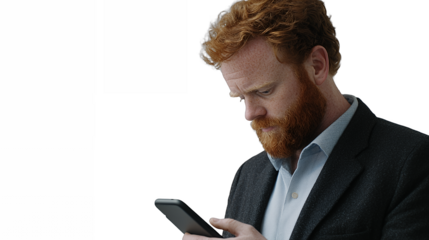 a red - haired man with a beard and red hair in a suit looks at a tablet in the dark PNG image, PNG file, Generative art.