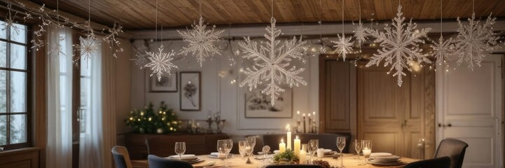 Sparkling snowflake decorations hanging from the ceiling in a cozy dining room , ceiling decorations, holiday ambiance, holiday season