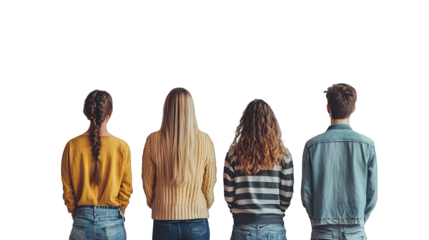 rear view of young men and women in long sweaters looking away against a transparent background, PNG image, PNG file, Generative art.