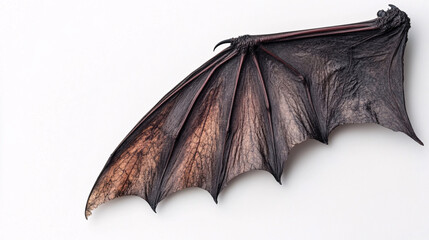 close up of a large bat wing isolated on a white background with fine detail showing skin texture and veins.