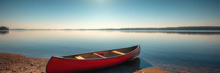 Obraz premium Softly lit red canoe resting on the shore of a tranquil lake with a bright blue sky above and delicate paddles, water's edge, lake