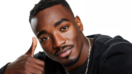 a portrait of a young black man pointing his finger at the camera with a smile PNG image, PNG file, Generative art.