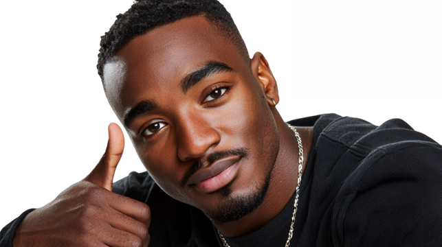 a portrait of a young black man pointing his finger at the camera with a smile PNG image, PNG file, Generative art.