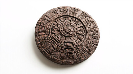 ancient aztec calendar stone replica on white background  brown color design element decoration