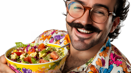 a man with glasses holding a bowl of salad PNG image, PNG file, Generative art.