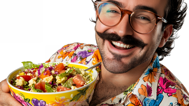 a man with glasses holding a bowl of salad PNG image, PNG file, Generative art. - Powered by Adobe