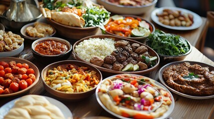 Traditional ramadan iftar meal with delicious dishes, dates, and fresh juices on a festive table setting