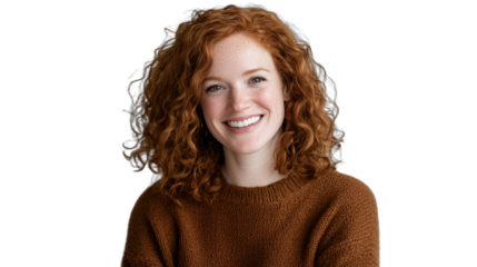 a portrait of a young woman with red hair and a brown sweater smiling at the camera on a transparent background, PNG image, PNG file, Generative art.