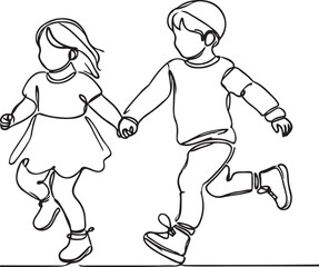 Toddler Line Drawing  Boy and Girl Running Hand in Hand