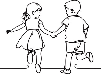 Toddler Line Drawing  Boy and Girl Running Hand in Hand