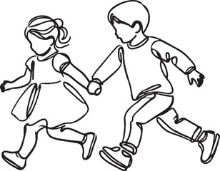Toddler Line Drawing  Boy and Girl Running Hand in Hand