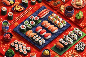 A Colorful and Varied Sushi Spread Featuring Delicate Rolls, Fresh Seafood, Decorative Plates, and Vibrant Colors Against a Red Background