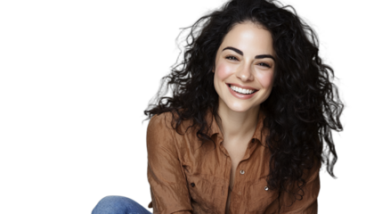 a young woman with curly hair and a beautiful smile poses for a portrait in a brown shirt and jeans against a transparent background, PNG image, PNG file, Generative art.