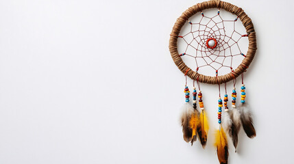 colorful dreamcatcher with feathers and beads hanging on a white background
