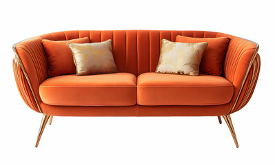 Fototapeta premium Elegant Orange Velvet Sofa with Gold Accents: Luxurious Living Room Furniture
