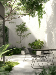 Serene Indoor Garden Oasis: Modern Minimalist Design with Lush Greenery