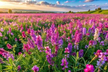 Aerial drone photography reveals a breathtaking cow vetch wildflower field in full bloom.