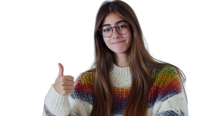 portrait of young beautiful woman wearing sweater and glasses showing thumbs up sign with fingers on transparent background, photo PNG image, PNG file, Generative art.