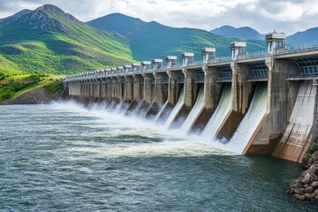 A Majestic Hydroelectric Dam Surrounded by Lush Green Mountains and a Clear Blue Sky Reflecting on the Calm Waters of a Reservoir with Flowing Water
