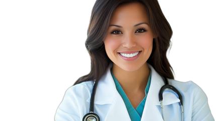 a portrait of a young woman smiling with a white stethoscope around her neck PNG image, PNG file, Generative art.
