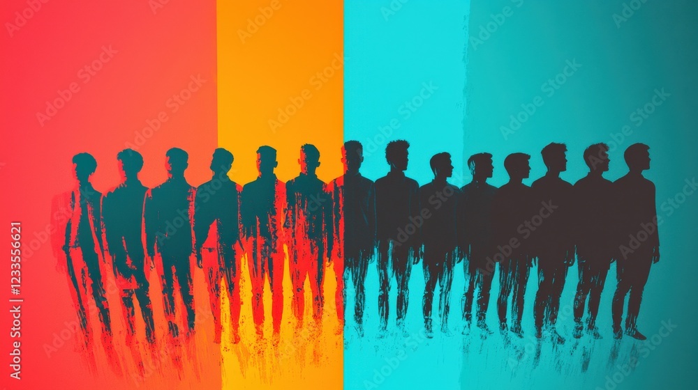 Poster silhouetted figures against vibrant backgrounds representing diversity, unity and connection in mode