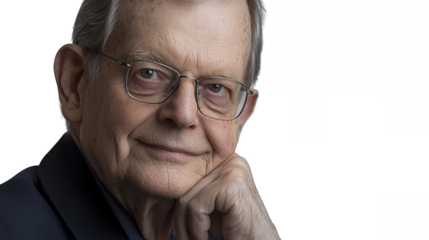 a photo of an older man wearing glasses and a suit, with his hand on his chin, facing away from the camera PNG image, PNG file, Generative art.