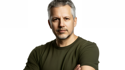a man with grey hair and a green shirt with his arms crossed PNG image, PNG file, Generative art.