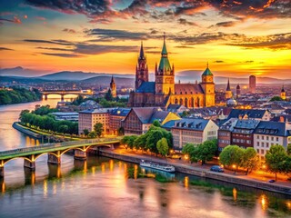 Fototapeta premium Aerial view of Mainz, Germany: a stunning cityscape panorama overlooking the Rhine River.