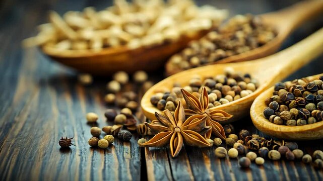 Variety of spices in wooden spoons displayed on rustic wooden surface with rich textures and colors