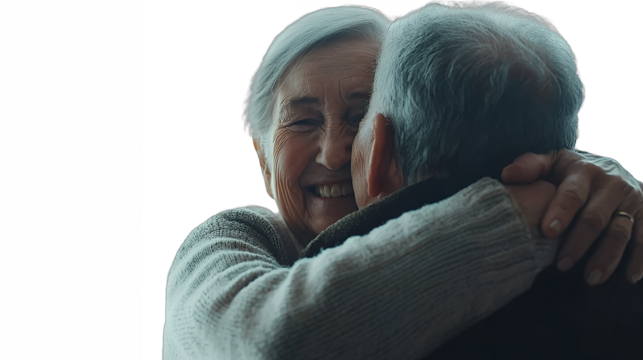 an elderly man hugging a woman on the shoulder with a dark background and a smile PNG image, PNG file, Generative art.