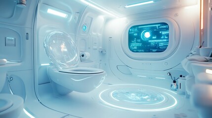 Modern sci-fi bathroom with futuristic toilet bowl, neon lights